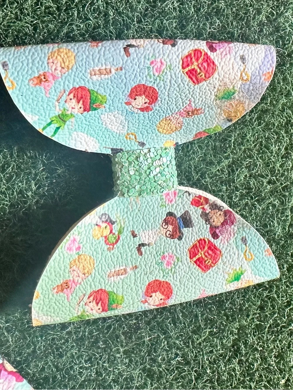 Kids Mint Green Peter Pan inspired  Print Hair Bow - Cute Girls' Accessory